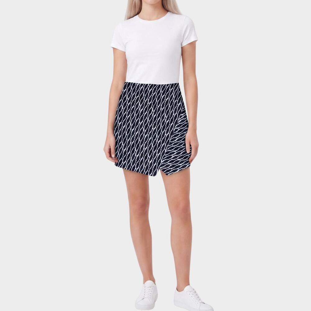 LOFT NWT Asymmetrical Faux Wrap Mini Skirt Navy Blue White Ikat Size MP